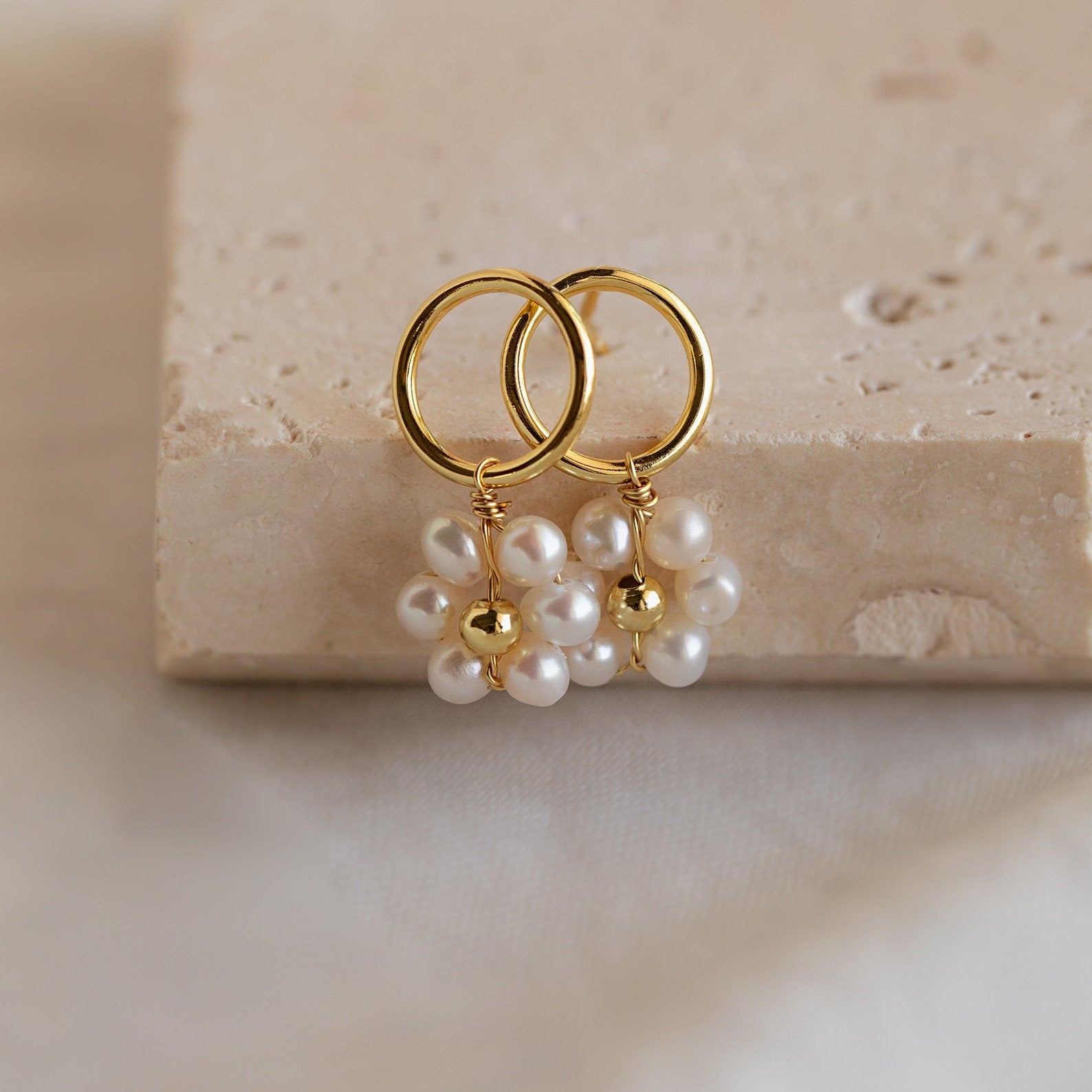 Flower Pearl Drop Earrings 18K Gold